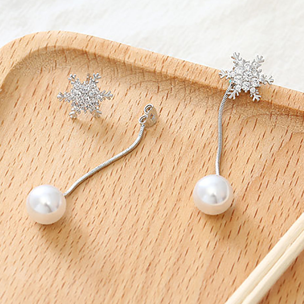 Asymmetric Snowflake Earrings Women Fashion Long Tassel Faux Pearl Eardrop Gift