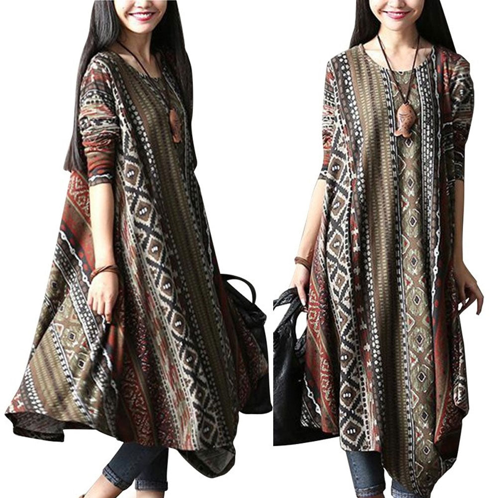 Retro Printed Round Neck Long Sleeve Irregular Women's Casual Loose Long Dress