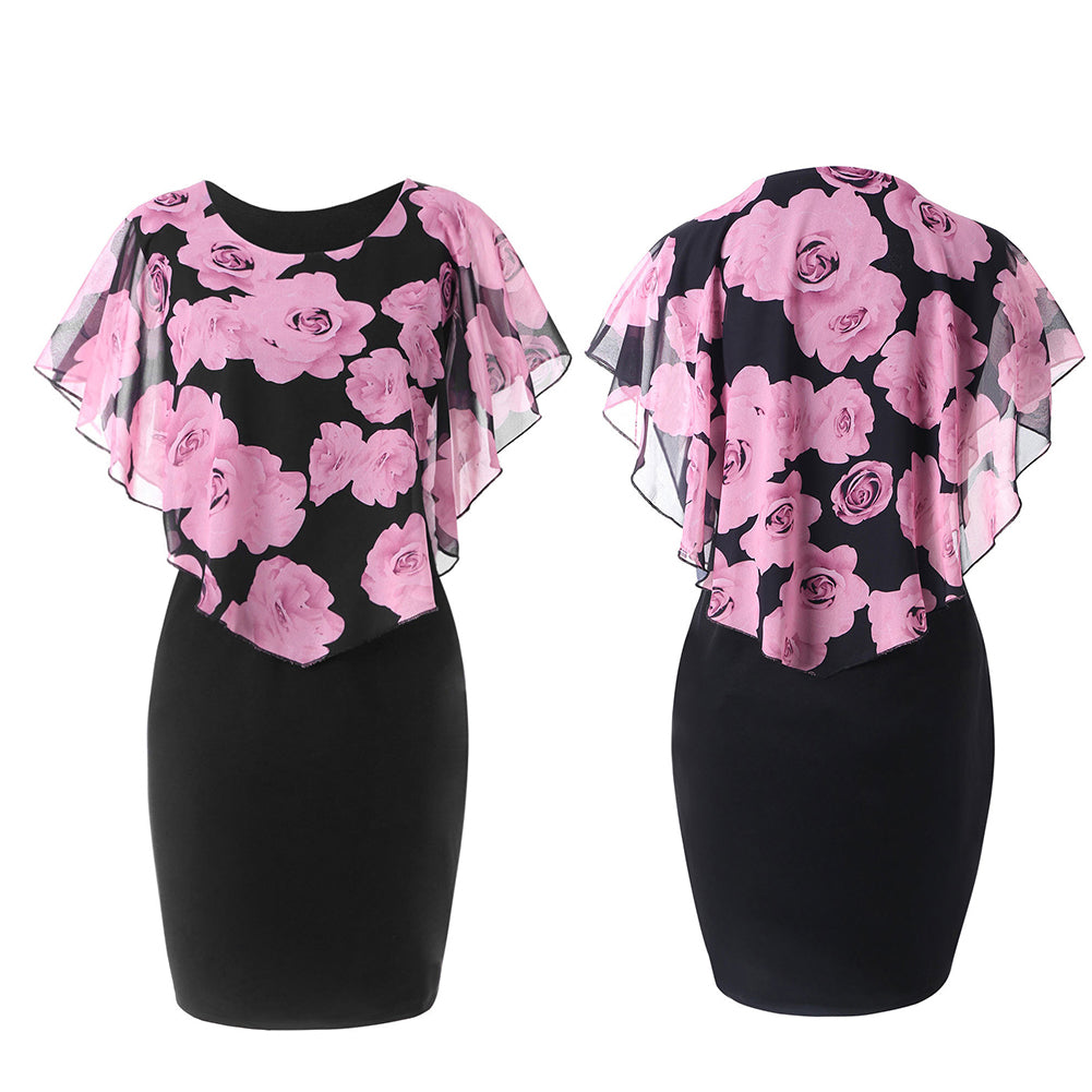 Fashion Elegant Rose Floral Print Shawl Design Round Neck Slim Fit Women Dress