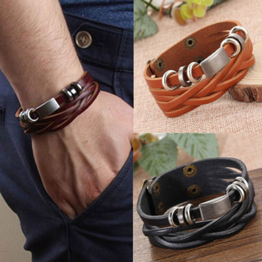 Men Vintage Braided Faux Leather Stainless Steel Cuff Bangle Bracelet Wristband