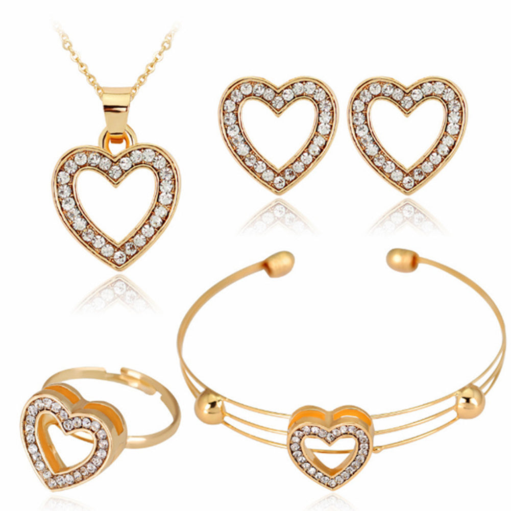 Women Hollow Heart Necklace Earrings Opening Bangle Ring Love Gift Jewelry Set