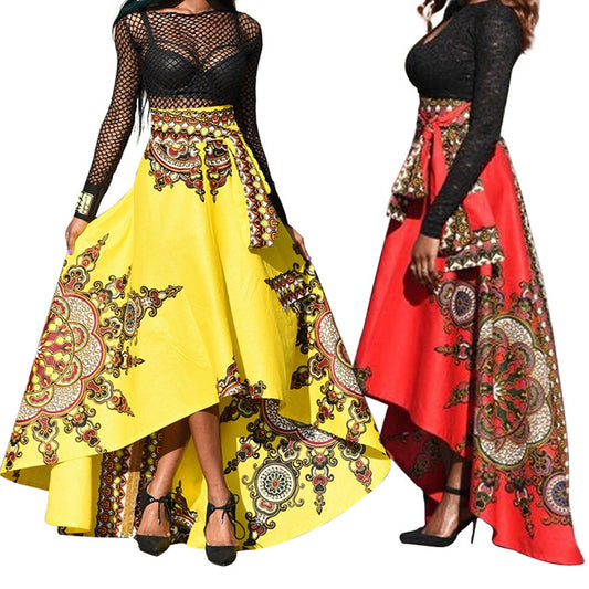 Ethnic Pattern Irregular Women Spring Summer Party Banquet Long Umbrella Skirt