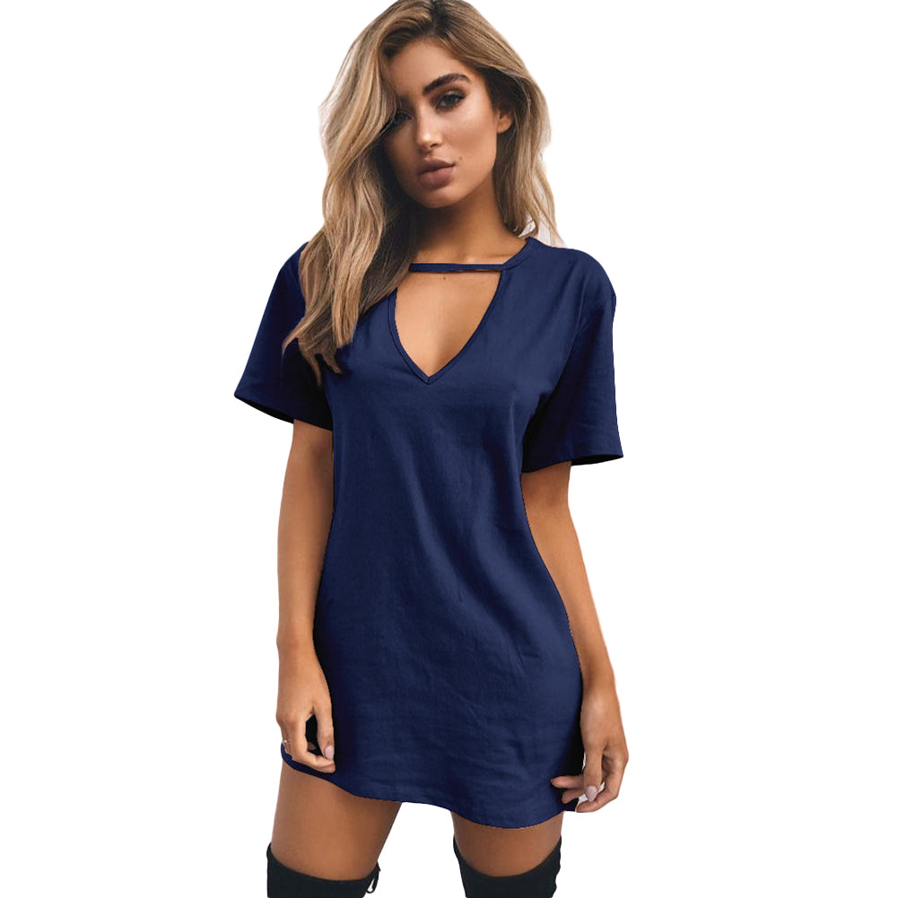 Casual Women Short Sleeve Long T-shirt Tee Dress Solid Color Hollow V-Neck Top
