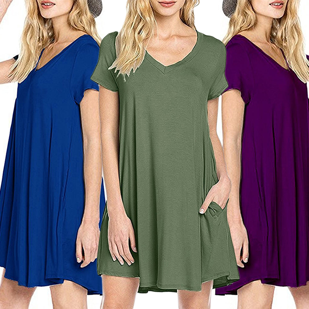 Women's Casual Simple Plain Side Pockets Summer Loose V-Neck T-shirt Dress