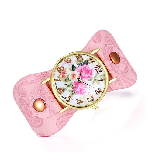 Women's Arabic Numerals Peony Floral Dial Wide Faux Leather Bracelet Wrist Watch