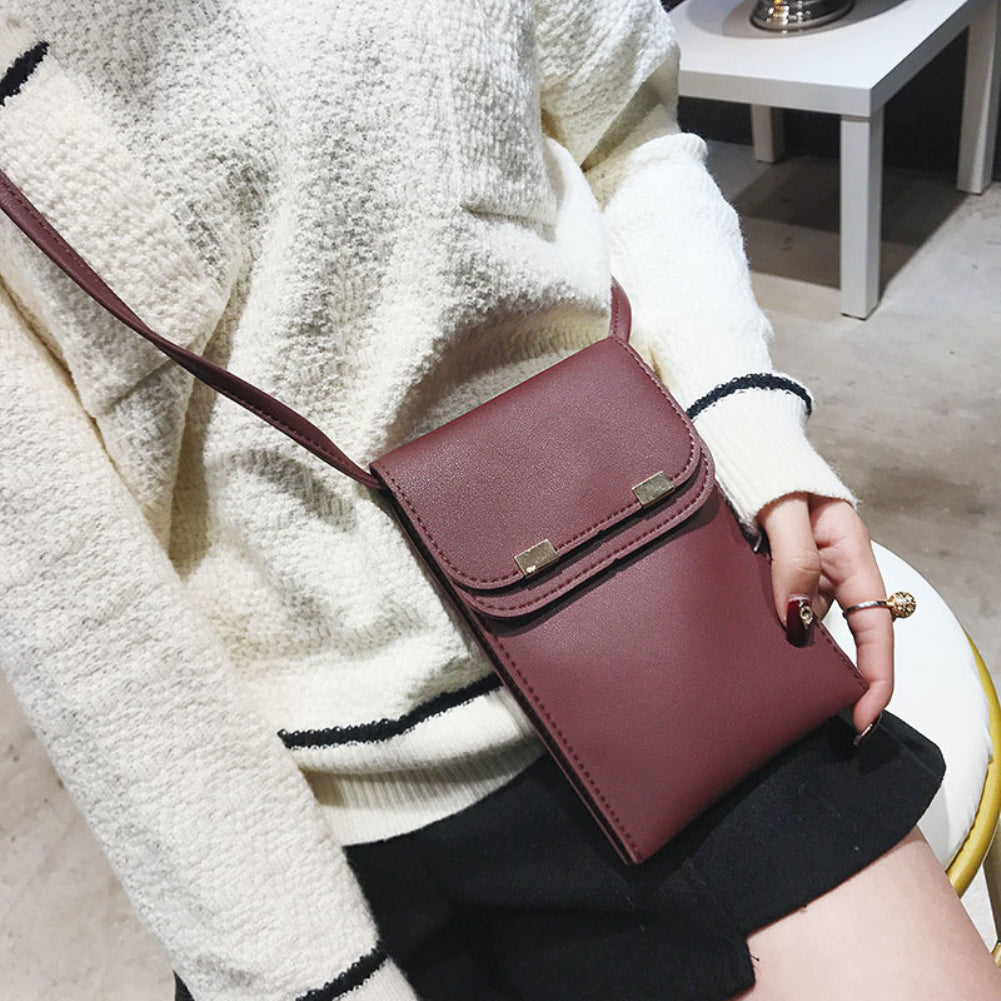 Fashion Women Solid Color Double Layer Faux Leather Rectangle Crossbody Bag