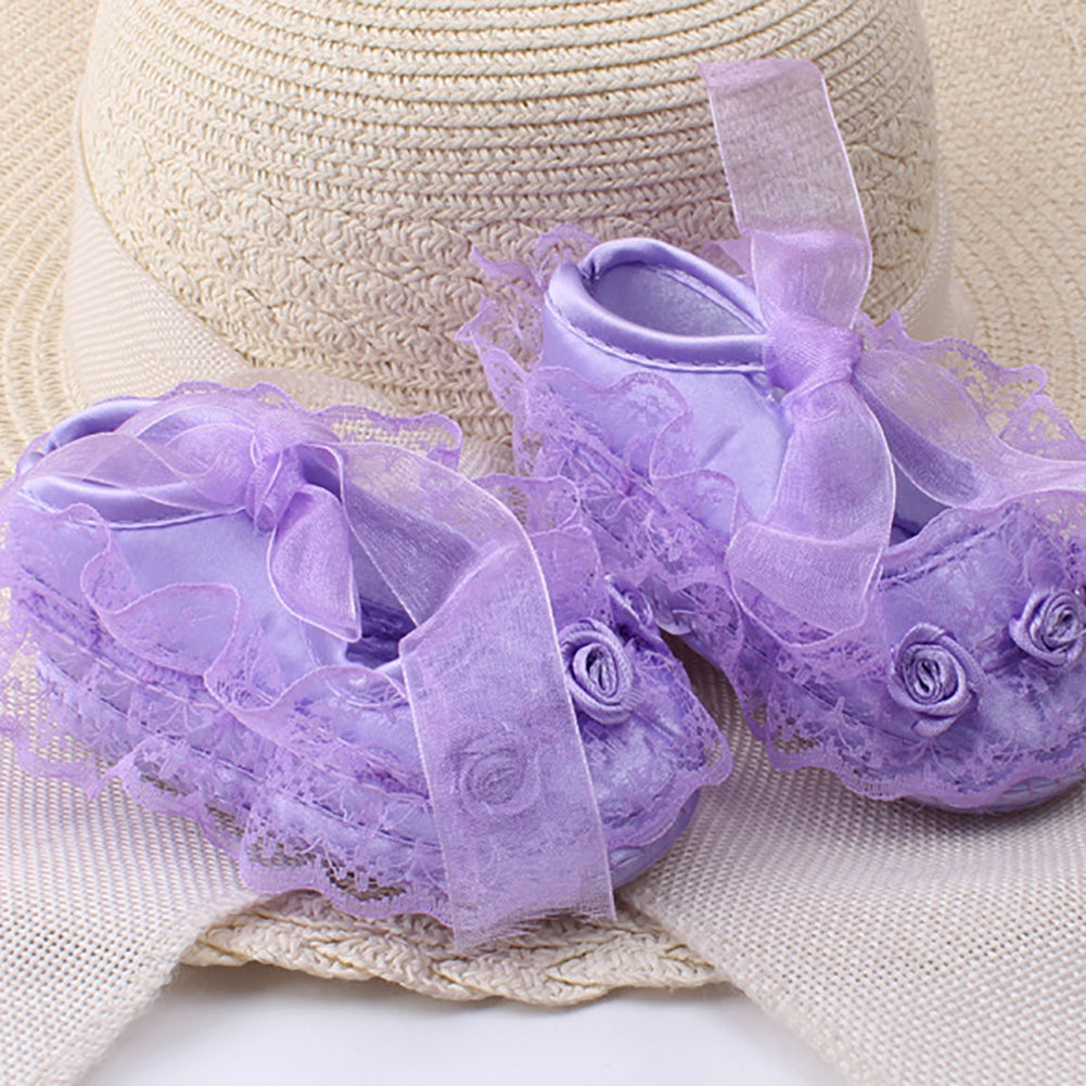 Cotton Princess Girl Shoes Anti-Slip Soft Sole Baby Toddler Lace Flower Footwear