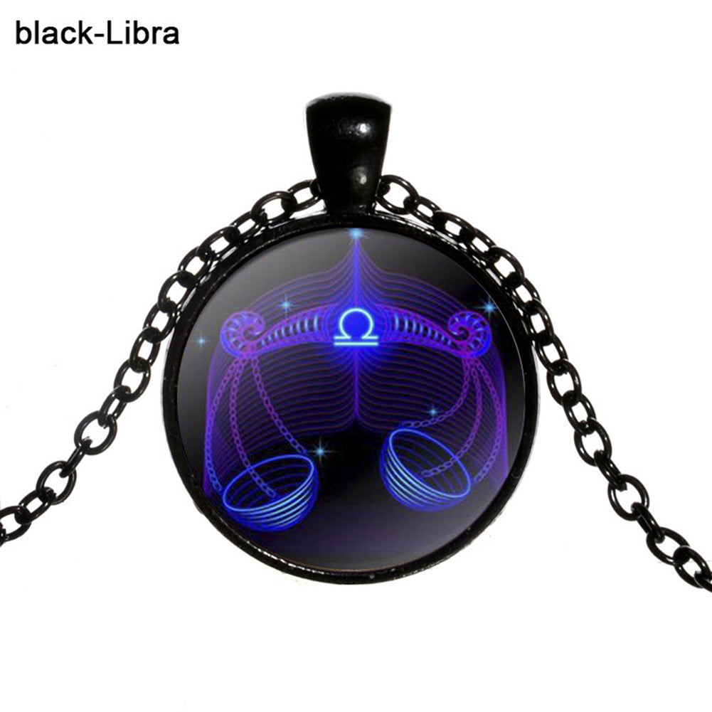 Women Retro Round Twelve Constellations Pendant Sweater Chain Necklace Jewelry