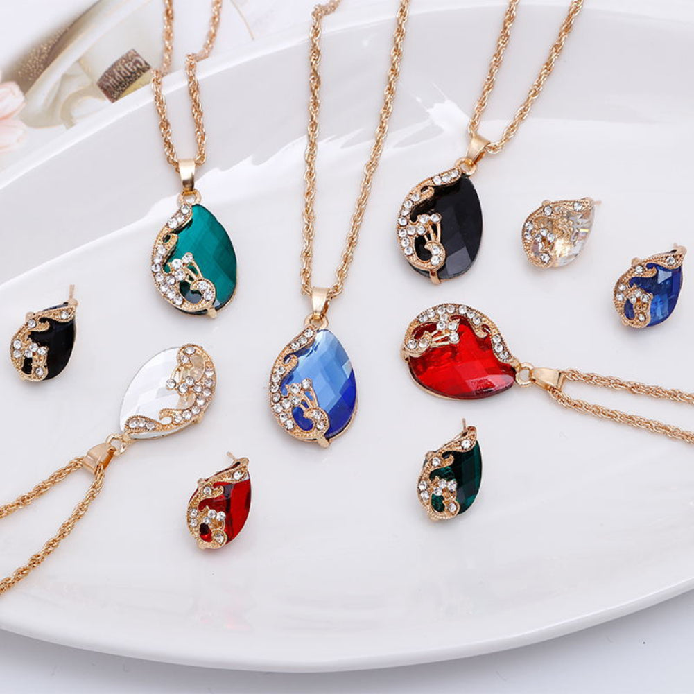 Women Jewelry Set Shiny Water-Drop Shape Rhinestone Necklace Earrings Ring Gift