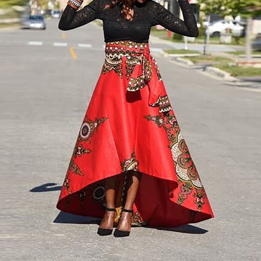 Ethnic Pattern Irregular Women Spring Summer Party Banquet Long Umbrella Skirt