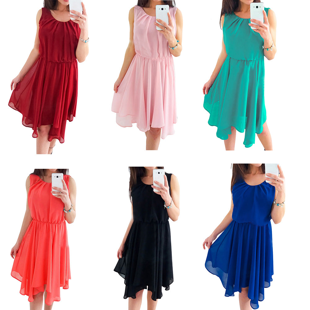 Summer Fashion Women Sleeveless Solid Color Irregular Hem Chiffon Casual Dress