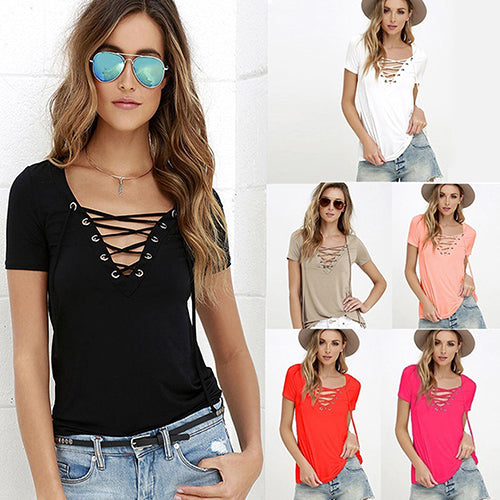 Women Summer Plus Size Sexy Top casual Strappy V-Neck Tees Fashion T-Shirt