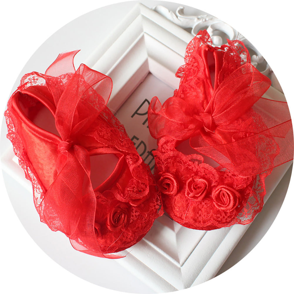 Cotton Princess Girl Shoes Anti-Slip Soft Sole Baby Toddler Lace Flower Footwear