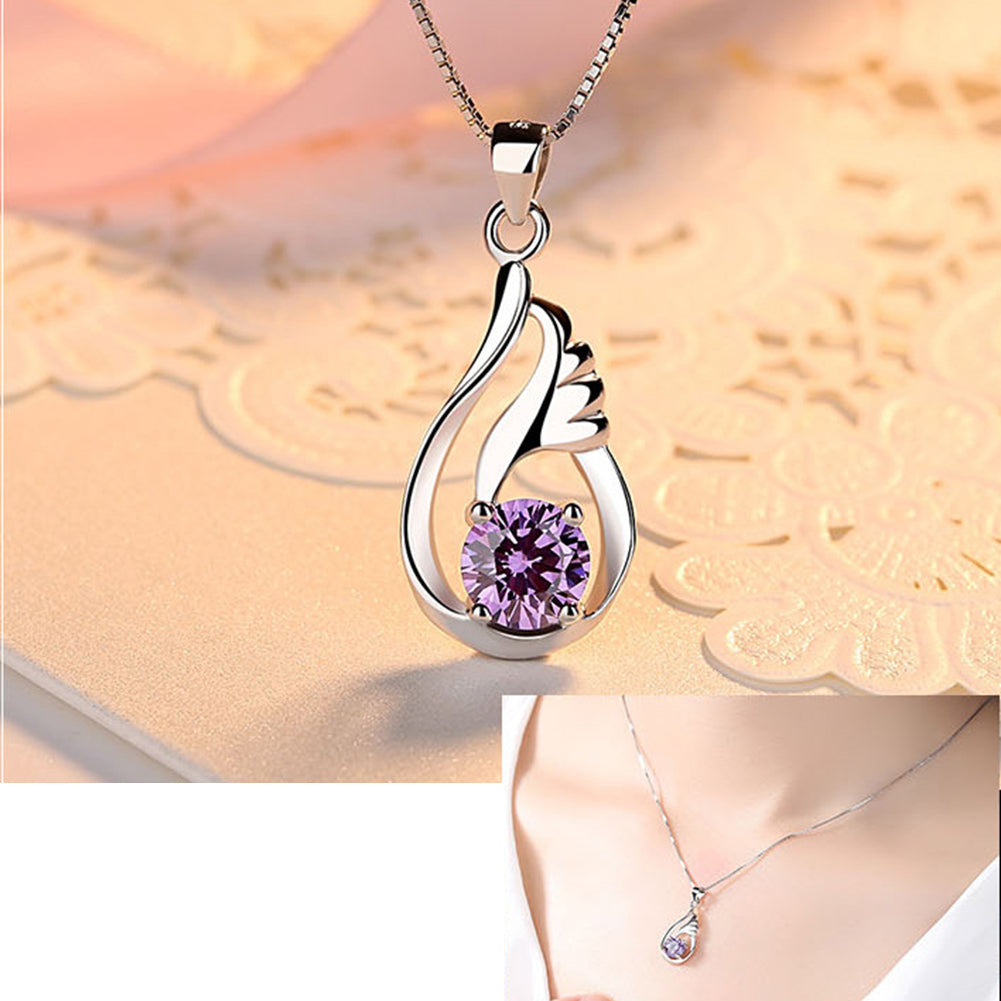 Women Shiny Zircon Inlaid Angel Wing Pendant Fashion Jewelry Necklace Accessory