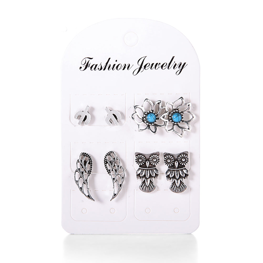 4 Pairs Vintage Hollow Owl Flower Cactus Ear Stud Earrings Women Girl Jewelry