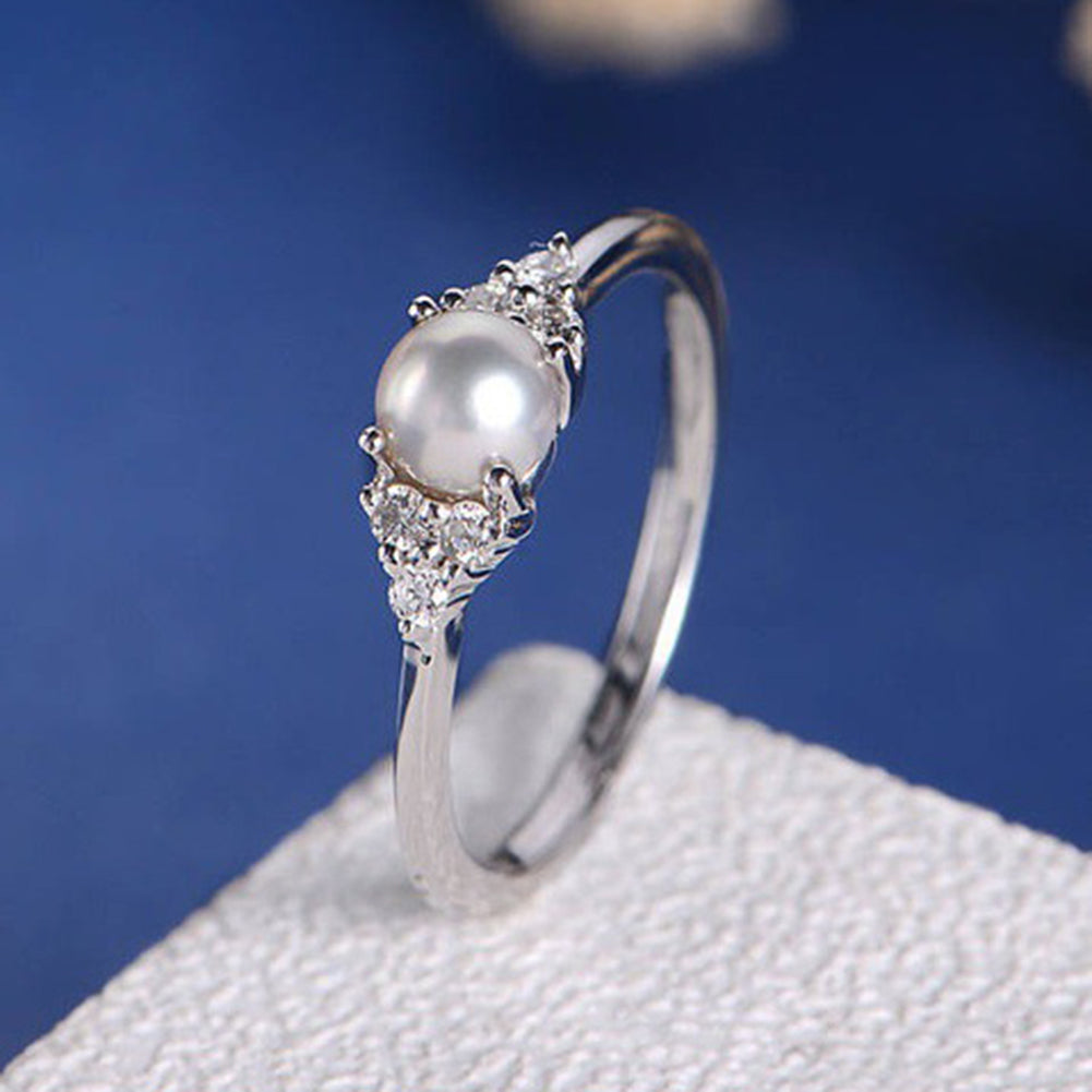Faux Pearl Rhinestone Inlaid Fashion Women Slim Ring Engagement Proposal Band