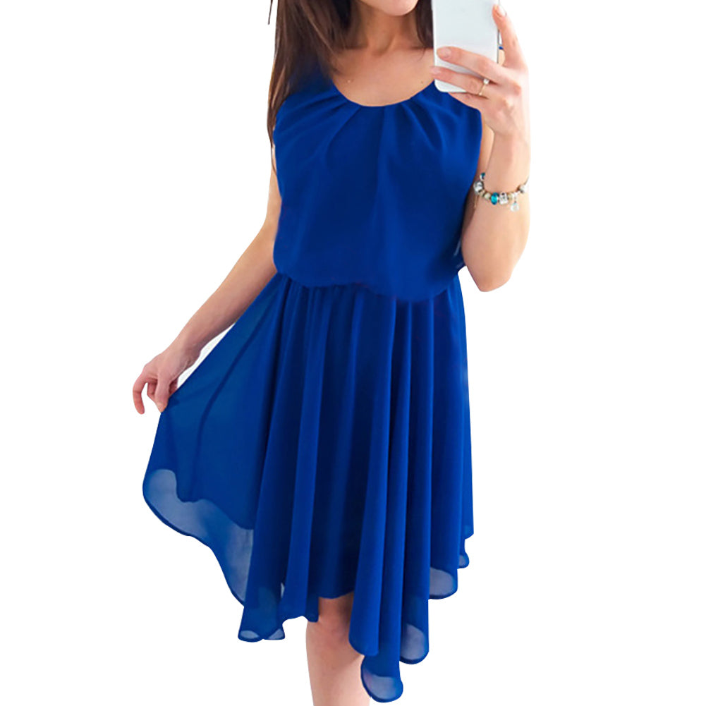 Summer Fashion Women Sleeveless Solid Color Irregular Hem Chiffon Casual Dress