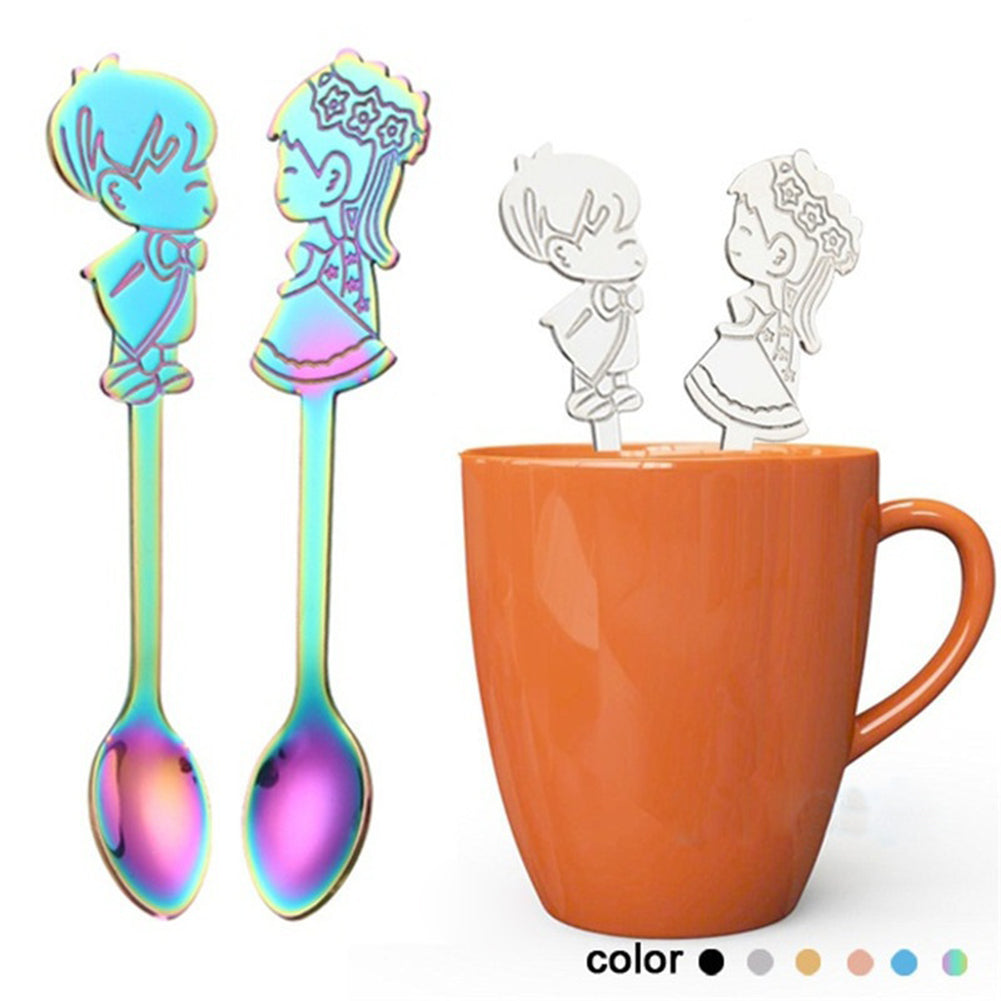 A Pair of Boy and Girl Stainless Steel Coffee Tea Cup Mixing Spoon Drinks Decor