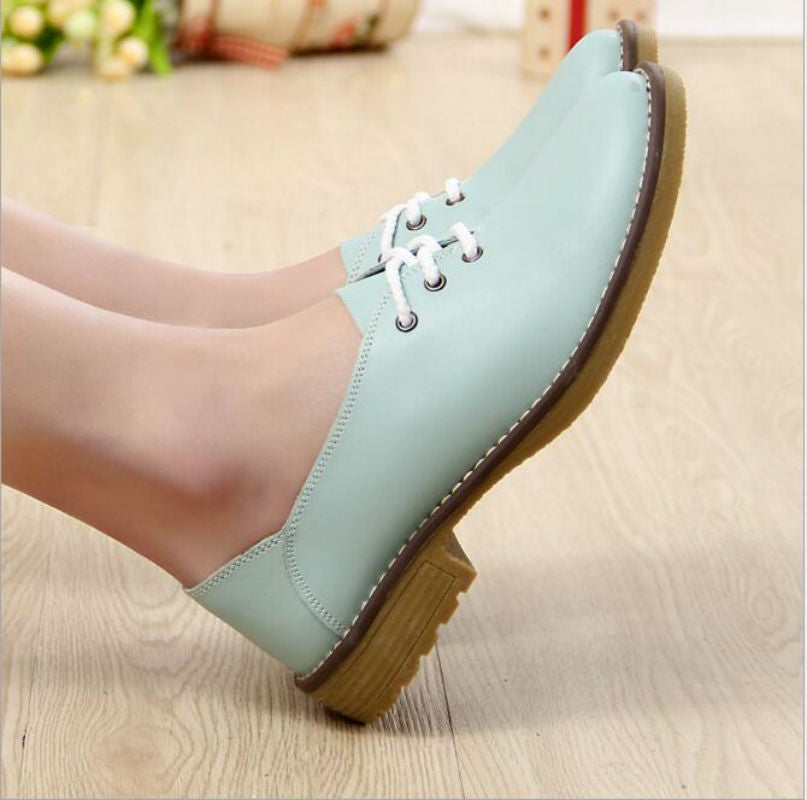 Cow Split Leather Fashion Women Flats Casual Lace Up Shoes Woman 8 Colors