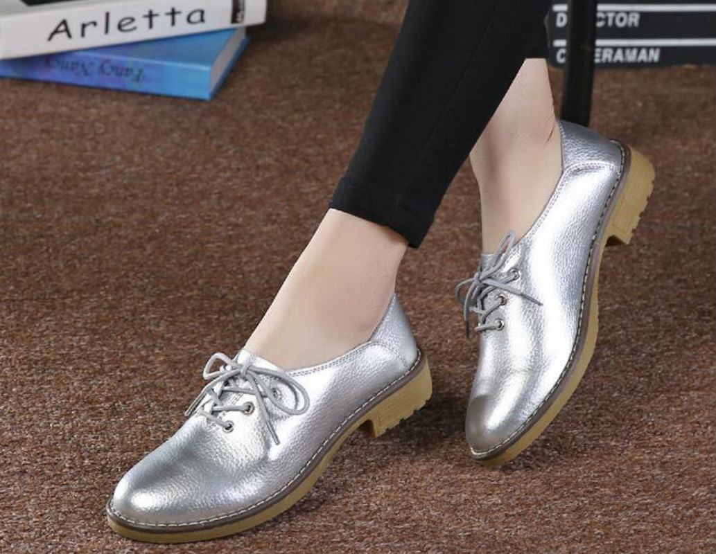 Cow Split Leather Fashion Women Flats Casual Lace Up Shoes Woman 8 Colors