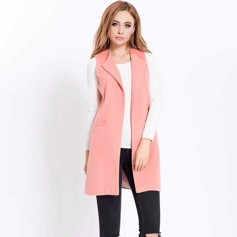 Autumn Spring Vest Women Wool Blend Coat Waistcoat Ladies Office Wear Long Casual Sleeveless Jackets Plus Size