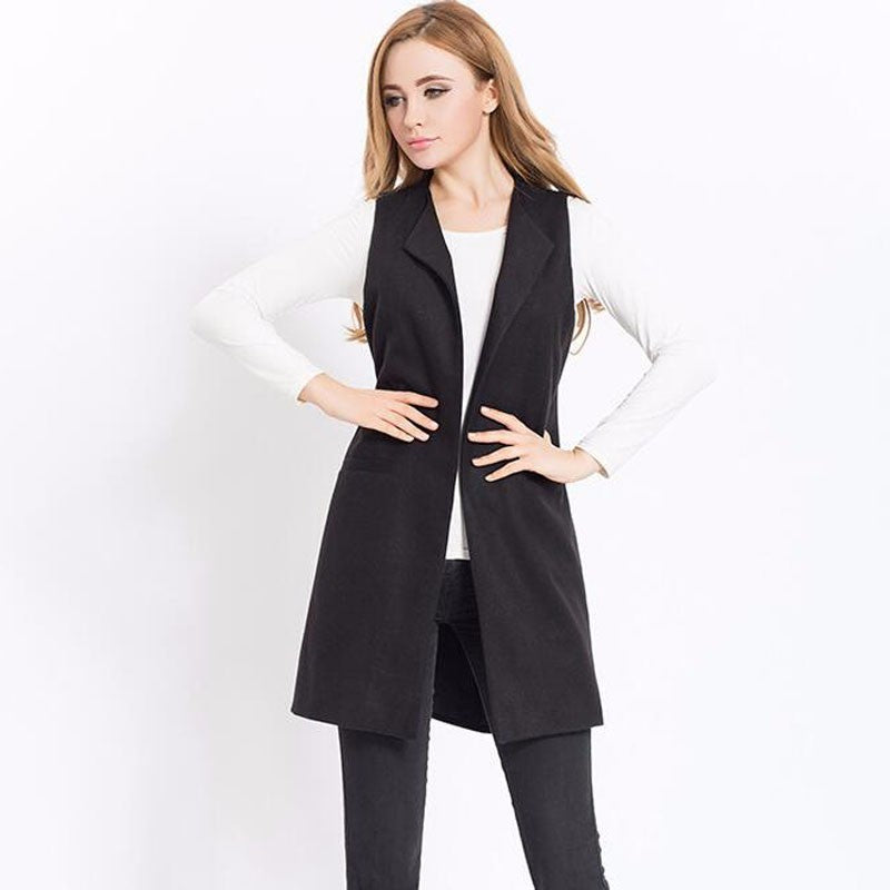 Autumn Spring Vest Women Wool Blend Coat Waistcoat Ladies Office Wear Long Casual Sleeveless Jackets Plus Size