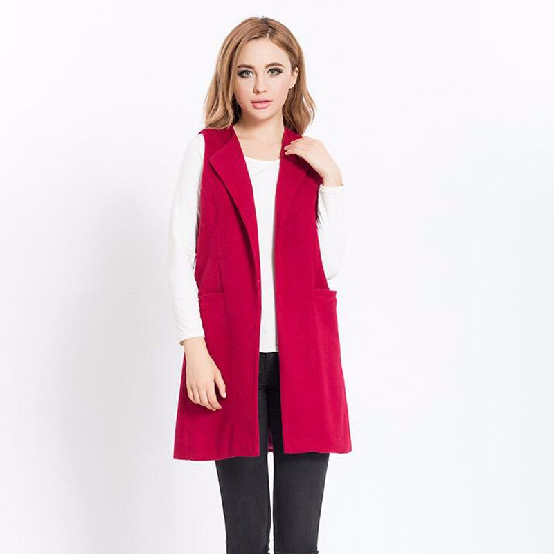 Autumn Spring Vest Women Wool Blend Coat Waistcoat Ladies Office Wear Long Casual Sleeveless Jackets Plus Size