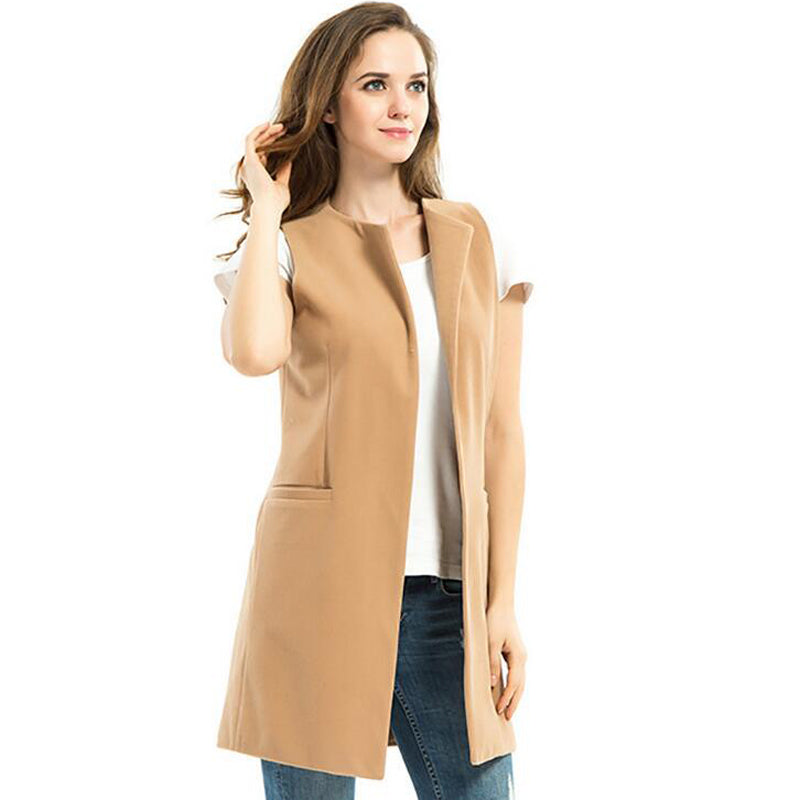 Autumn Spring Vest Women Wool Blend Coat Waistcoat Ladies Office Wear Long Casual Sleeveless Jackets Plus Size