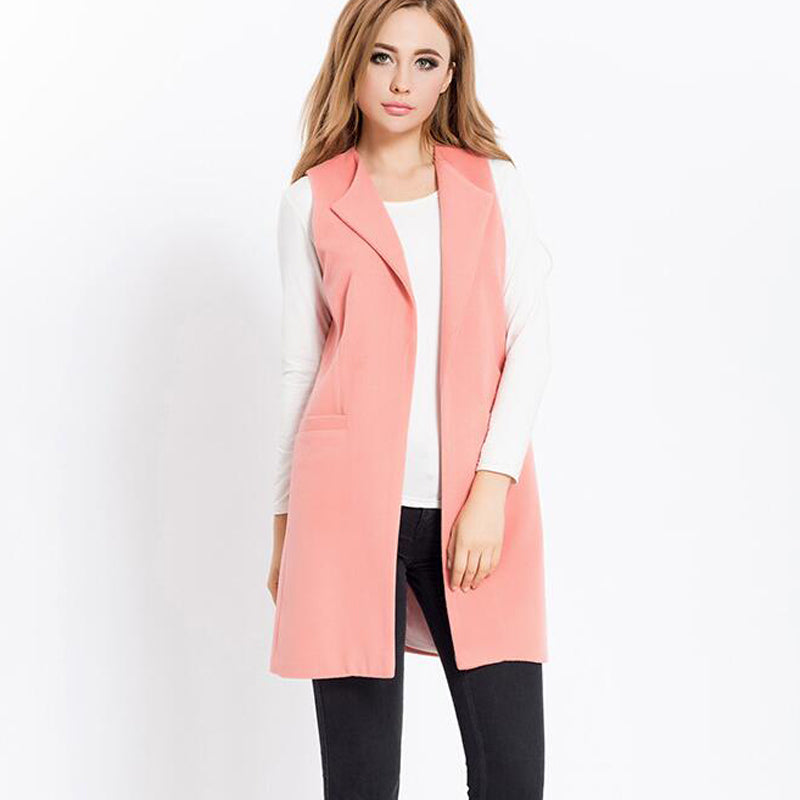 Autumn Spring Vest Women Wool Blend Coat Waistcoat Ladies Office Wear Long Casual Sleeveless Jackets Plus Size