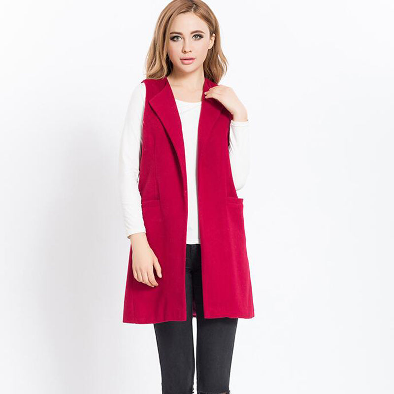 Autumn Spring Vest Women Wool Blend Coat Waistcoat Ladies Office Wear Long Casual Sleeveless Jackets Plus Size