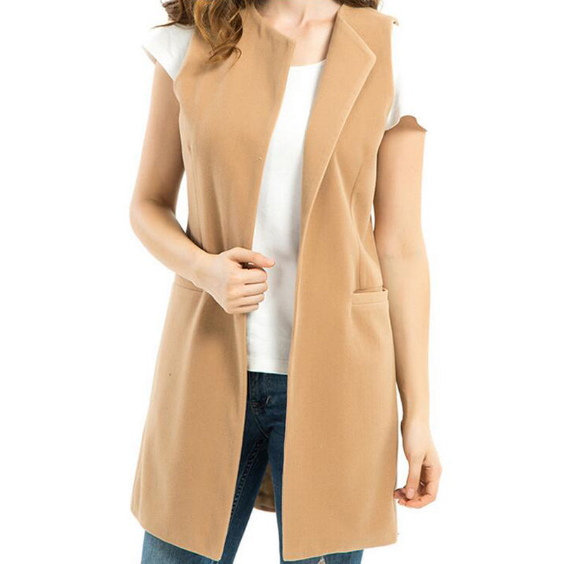 Autumn Spring Vest Women Wool Blend Coat Waistcoat Ladies Office Wear Long Casual Sleeveless Jackets Plus Size