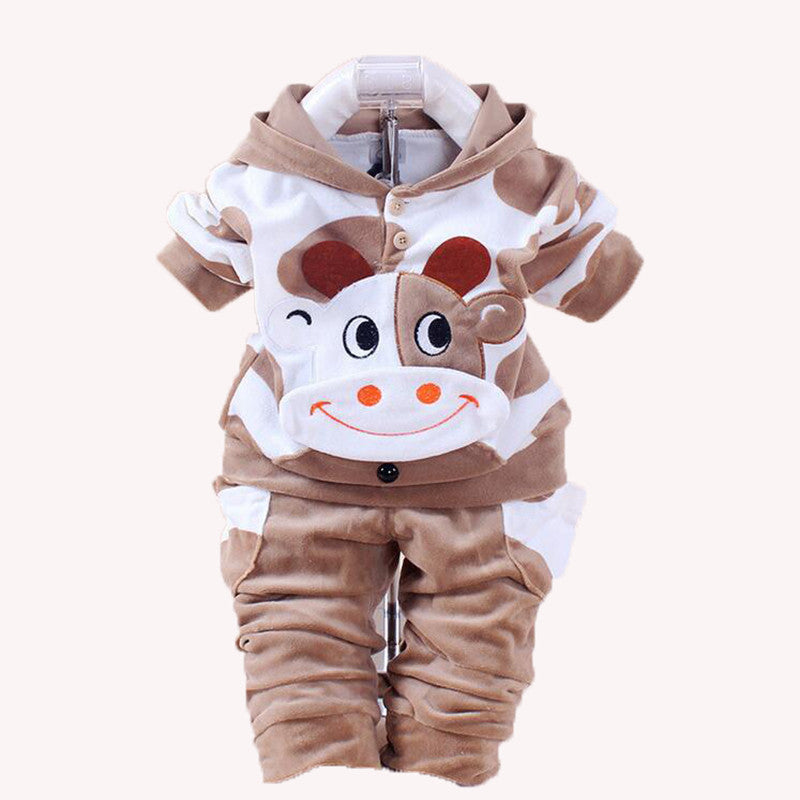 Baby Girls Clothing Cartoon Rabbit Cow Newborn Boy Brand Velvet Hooide + Pants Twinset Kids Infant Sport Suit