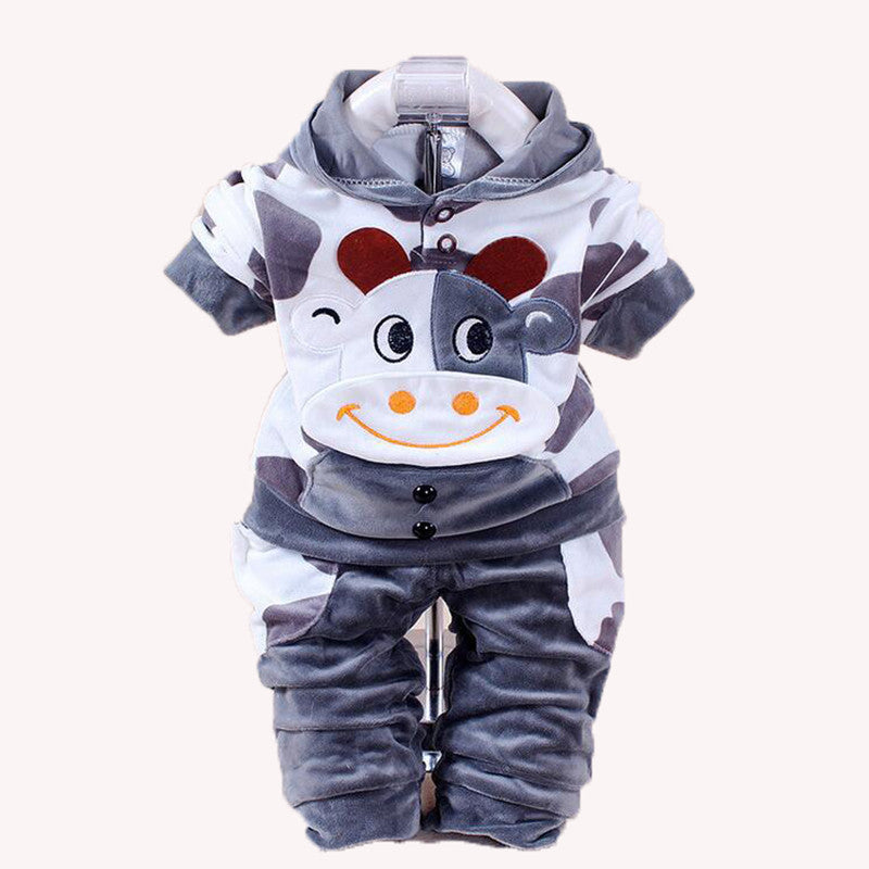 Baby Girls Clothing Cartoon Rabbit Cow Newborn Boy Brand Velvet Hooide + Pants Twinset Kids Infant Sport Suit