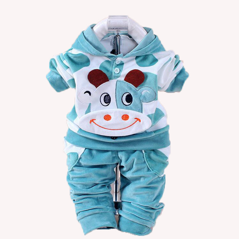 Baby Girls Clothing Cartoon Rabbit Cow Newborn Boy Brand Velvet Hooide + Pants Twinset Kids Infant Sport Suit