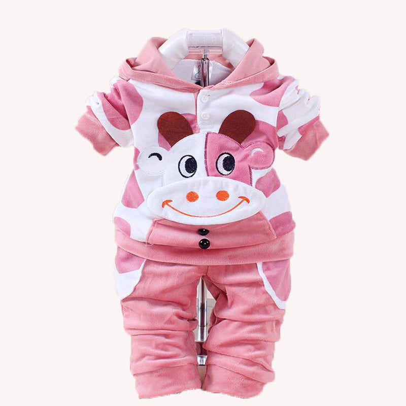 Baby Girls Clothing Cartoon Rabbit Cow Newborn Boy Brand Velvet Hooide + Pants Twinset Kids Infant Sport Suit