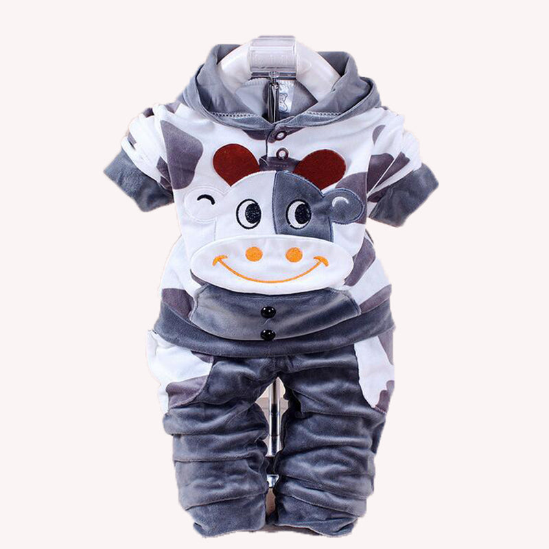 Baby Girls Clothing Cartoon Rabbit Cow Newborn Boy Brand Velvet Hooide + Pants Twinset Kids Infant Sport Suit