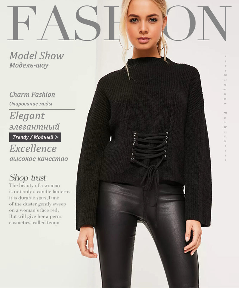 Eternal Show Autumn Knitted Pullover Sweater Women Lace Up Oversize Fall Ladies Sweater Pull Vintage Knitwear Winter Top 50N0521