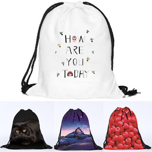 Unisex 3D Print Cat Sky Letter Fries Drawstring Backpack Travel Knapsack Bag