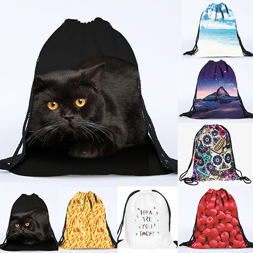 Unisex 3D Print Cat Sky Letter Fries Drawstring Backpack Travel Knapsack Bag