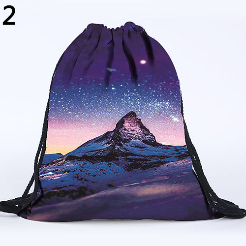 Unisex 3D Print Cat Sky Letter Fries Drawstring Backpack Travel Knapsack Bag