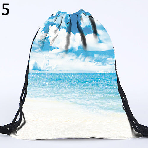 Unisex 3D Print Cat Sky Letter Fries Drawstring Backpack Travel Knapsack Bag