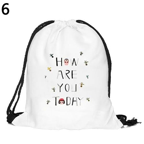 Unisex 3D Print Cat Sky Letter Fries Drawstring Backpack Travel Knapsack Bag