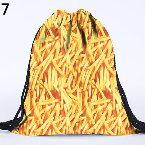 Unisex 3D Print Cat Sky Letter Fries Drawstring Backpack Travel Knapsack Bag