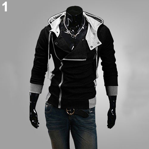 Men Fashion Side Zip Long Sleeve Jacket Sweatshirt Cool Slim Fit Outwear Hooded Hoodie