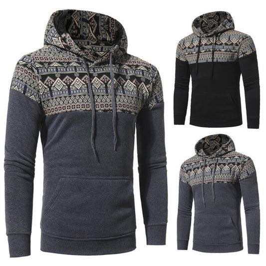 Ethnic Geometric Pattern Patchwork Casual Hoodie Slim Men Hooded Sweatershirt