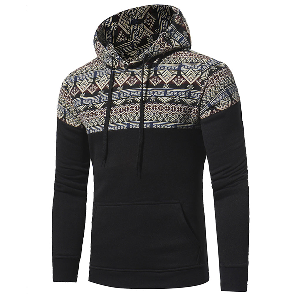 Ethnic Geometric Pattern Patchwork Casual Hoodie Slim Men Hooded Sweatershirt