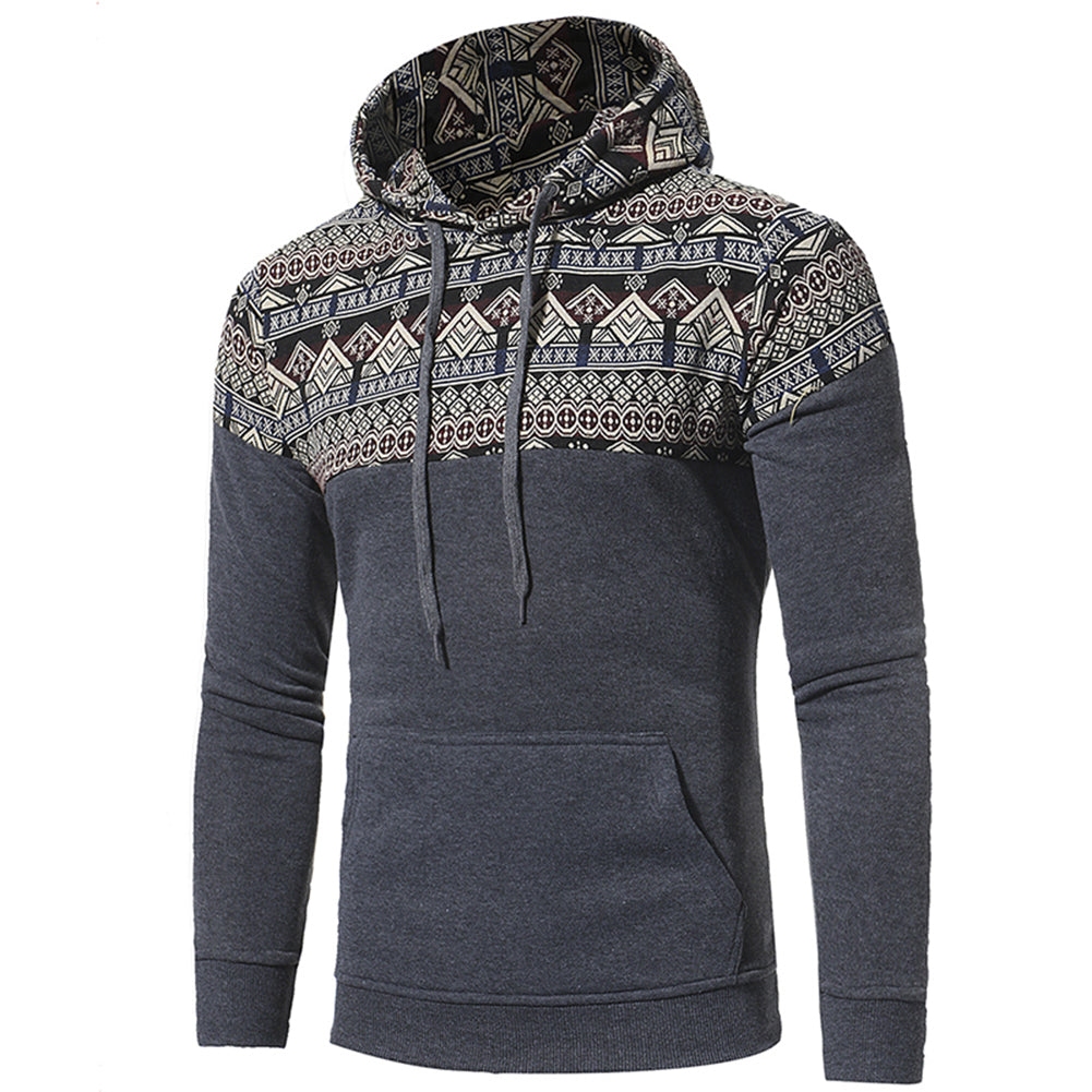 Ethnic Geometric Pattern Patchwork Casual Hoodie Slim Men Hooded Sweatershirt
