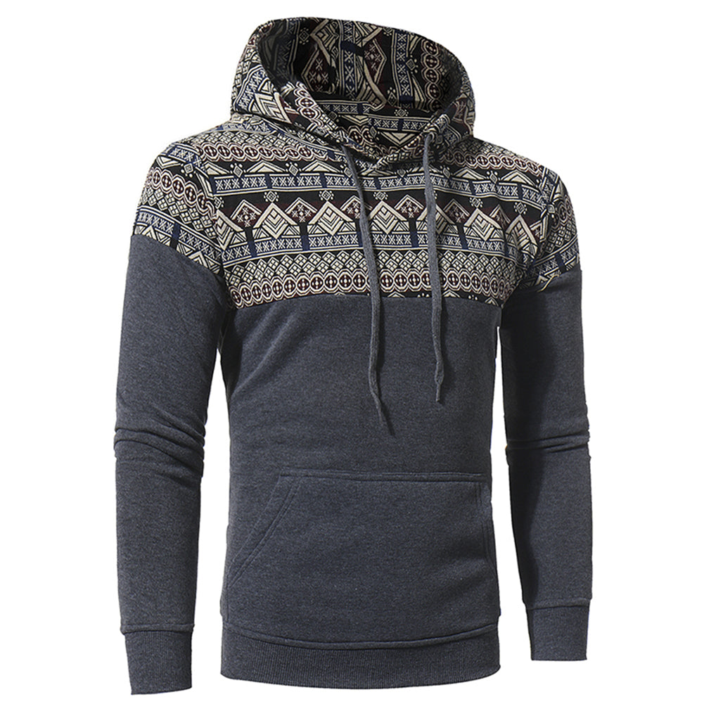 Ethnic Geometric Pattern Patchwork Casual Hoodie Slim Men Hooded Sweatershirt