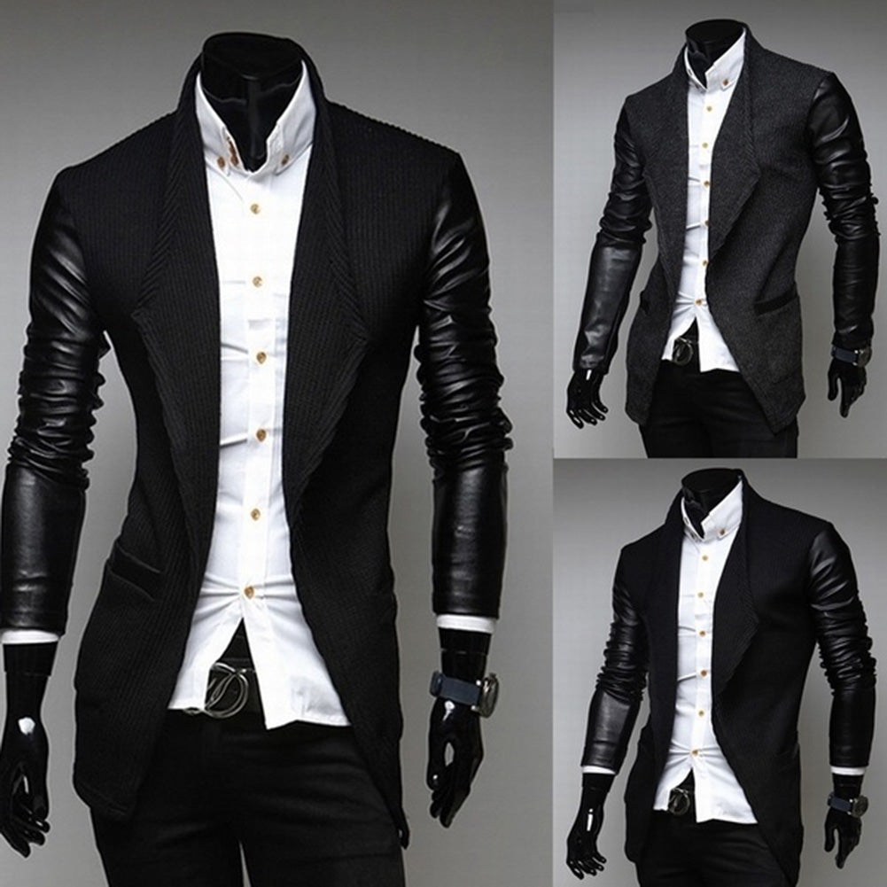 Fashion Men Jacket Formal Long Sleeve Slim Faux Leather Wedding Coat Outwear