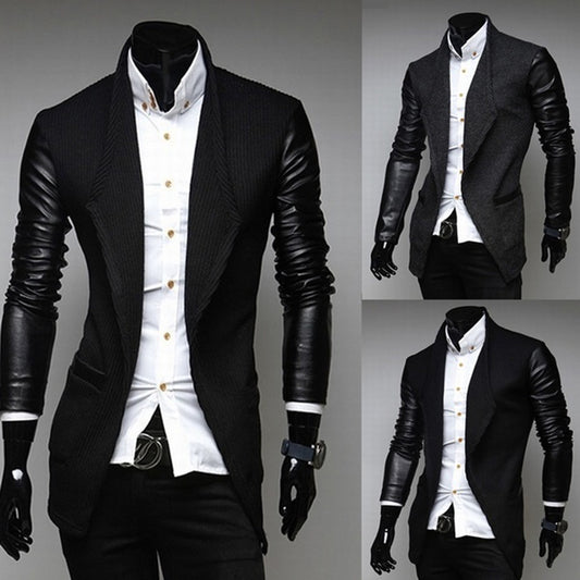 Fashion Men Jacket Formal Long Sleeve Slim Faux Leather Wedding Coat Outwear